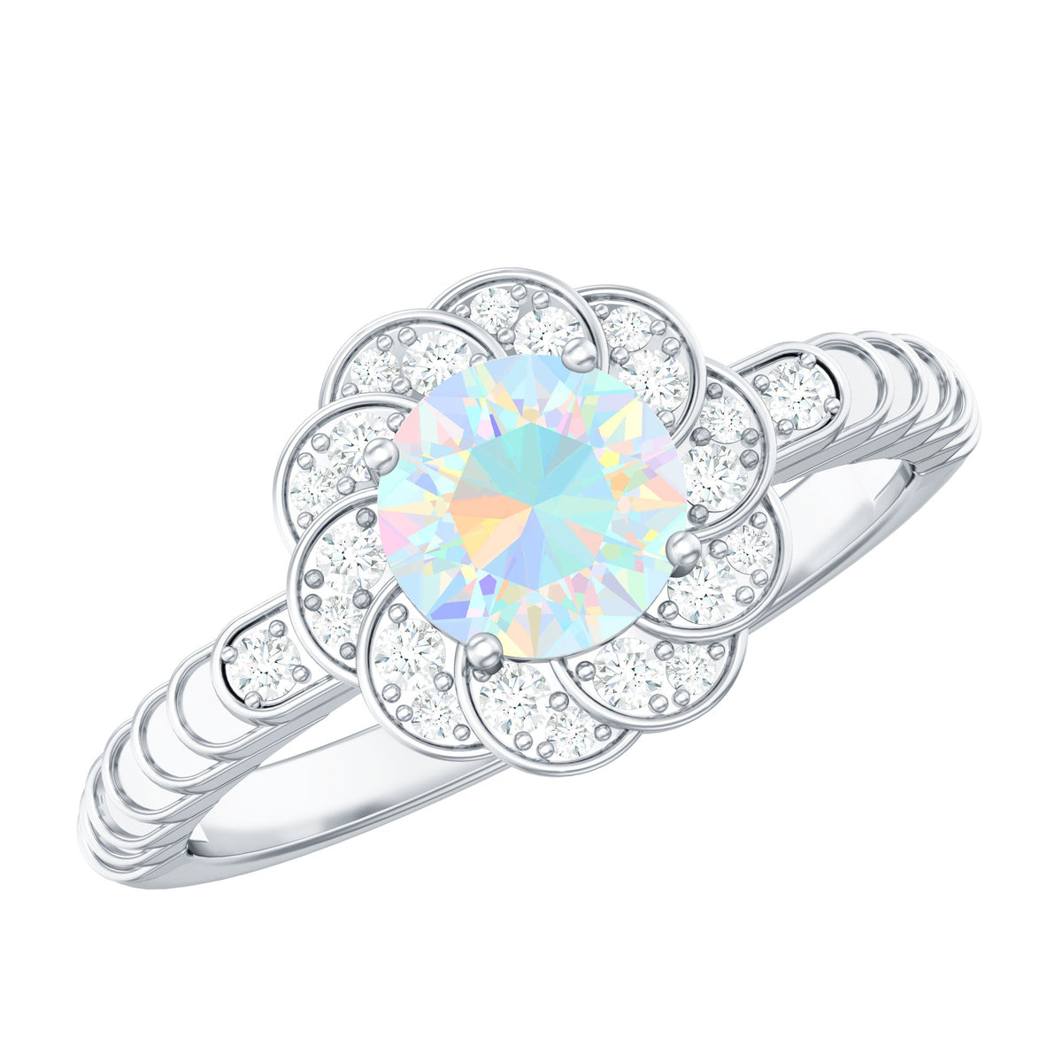 Vintage Looking Ethiopian Opal Flower Engagement Ring with Diamond