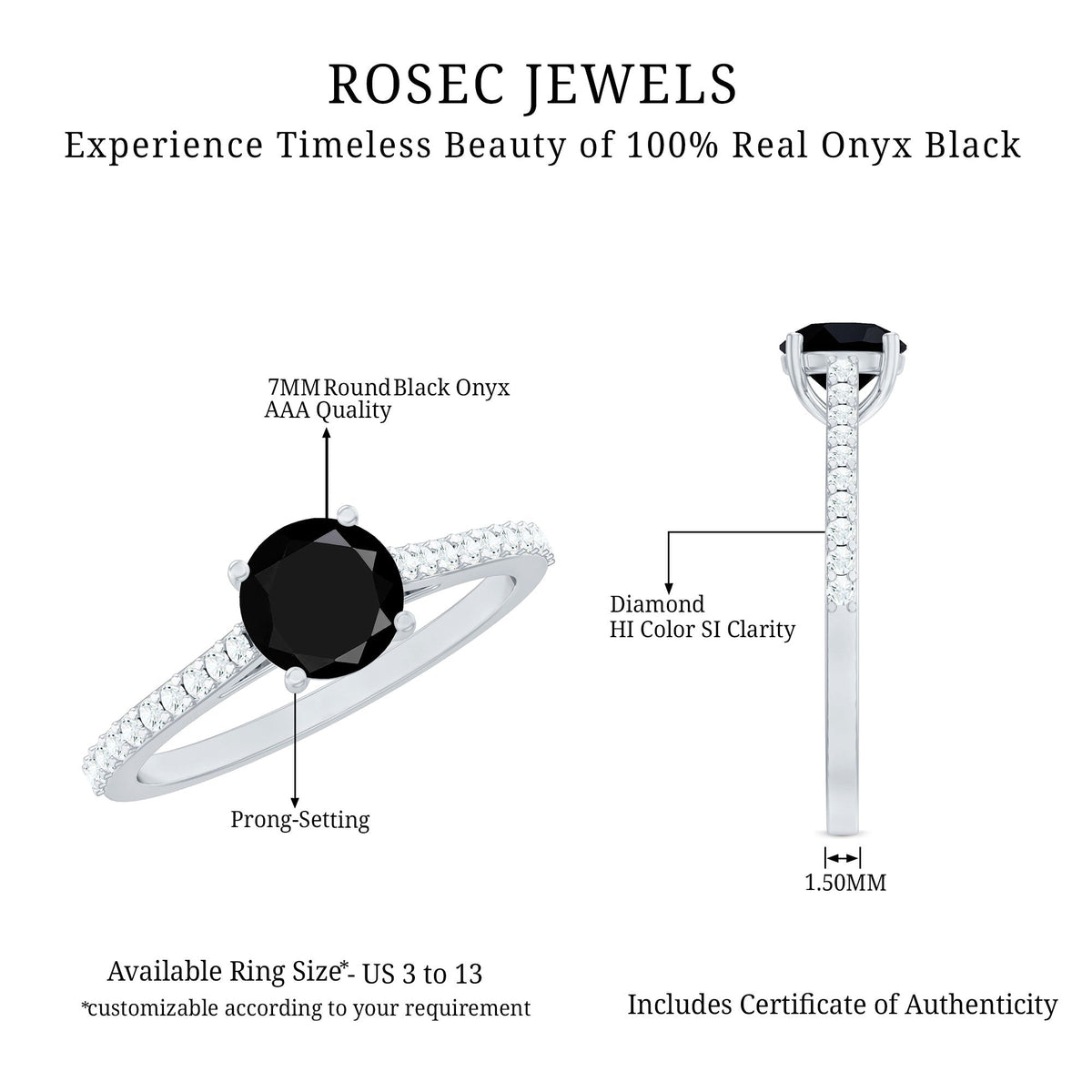 1.40 Carat Round Black Onyx Engagement Ring with Diamond Side Stones