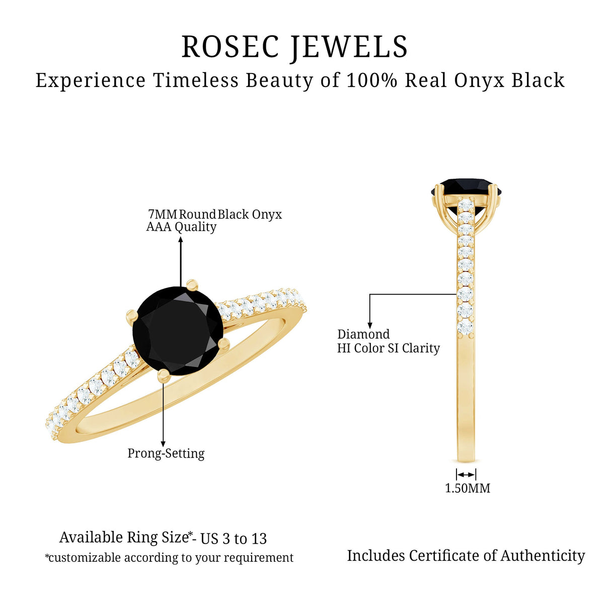 1.40 Carat Round Black Onyx Engagement Ring with Diamond Side Stones