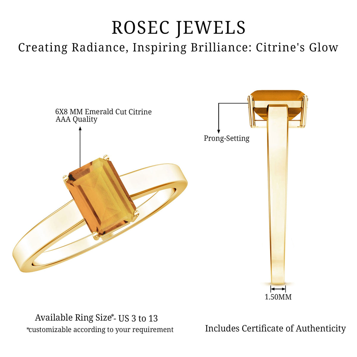 1.8 Carat Natural Citrine Solitaire Emerald Cut Engagement Ring