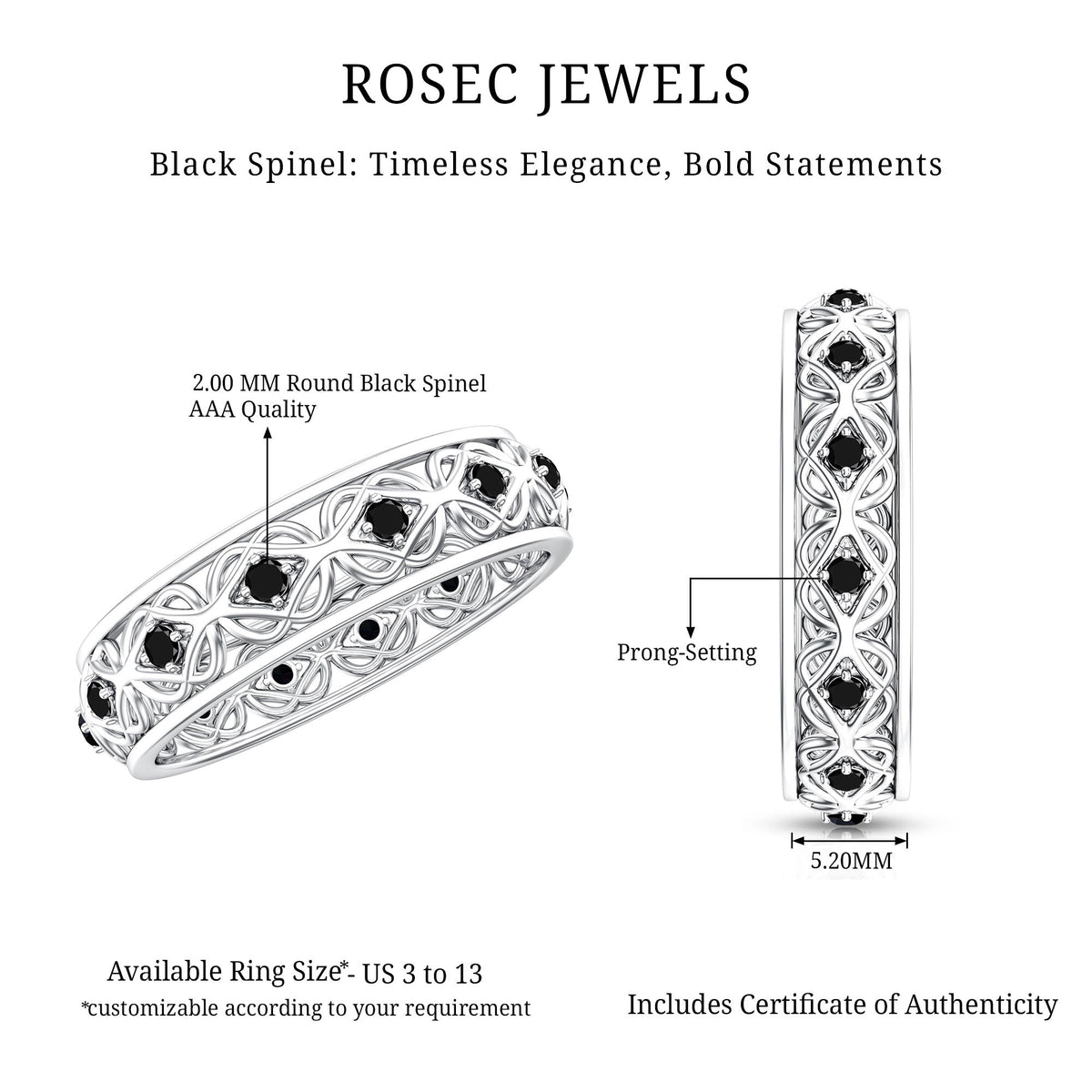 Vintage Inspired Black Spinel Celtic Knot Eternity Band Ring