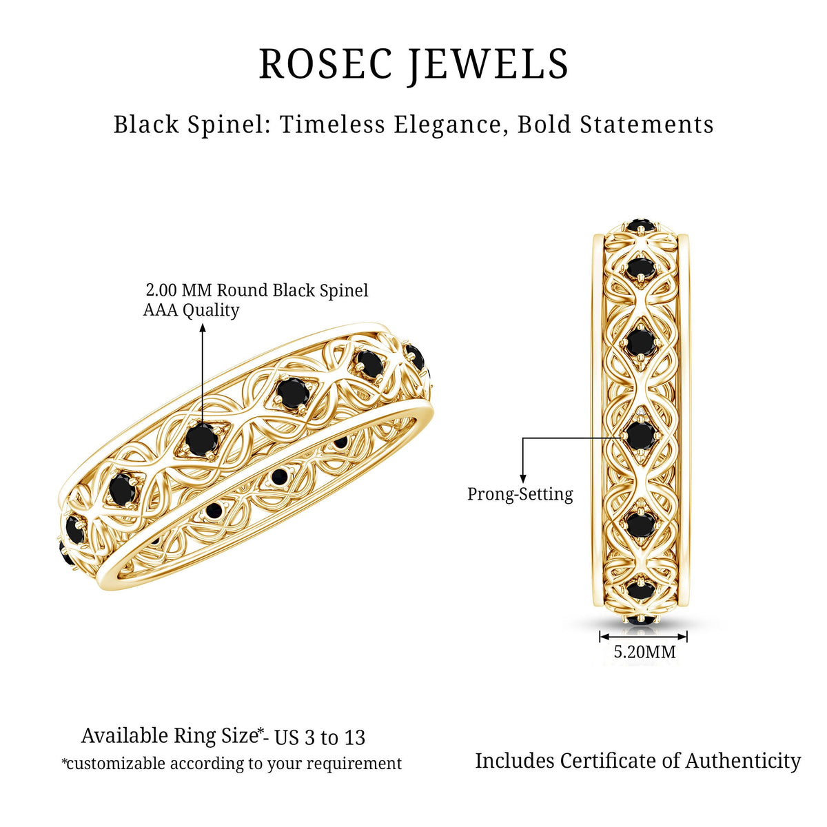 Vintage Inspired Black Spinel Celtic Knot Eternity Band Ring