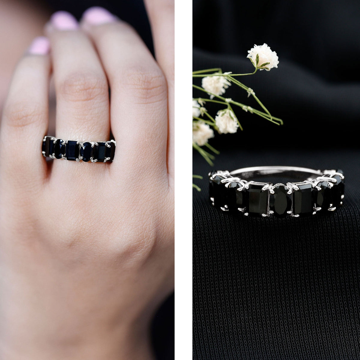 4.40 Carat Oval and Emerald Cut Black Onyx Half Eternity Wedding Band