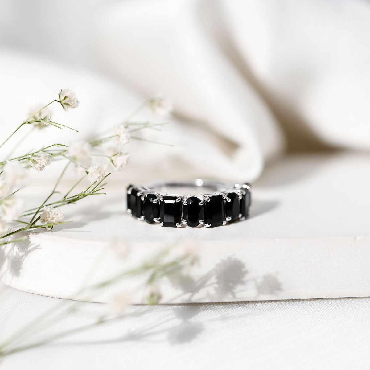 4.40 Carat Oval and Emerald Cut Black Onyx Half Eternity Wedding Band