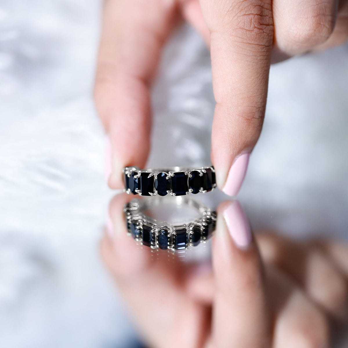4.40 Carat Oval and Emerald Cut Black Onyx Half Eternity Wedding Band