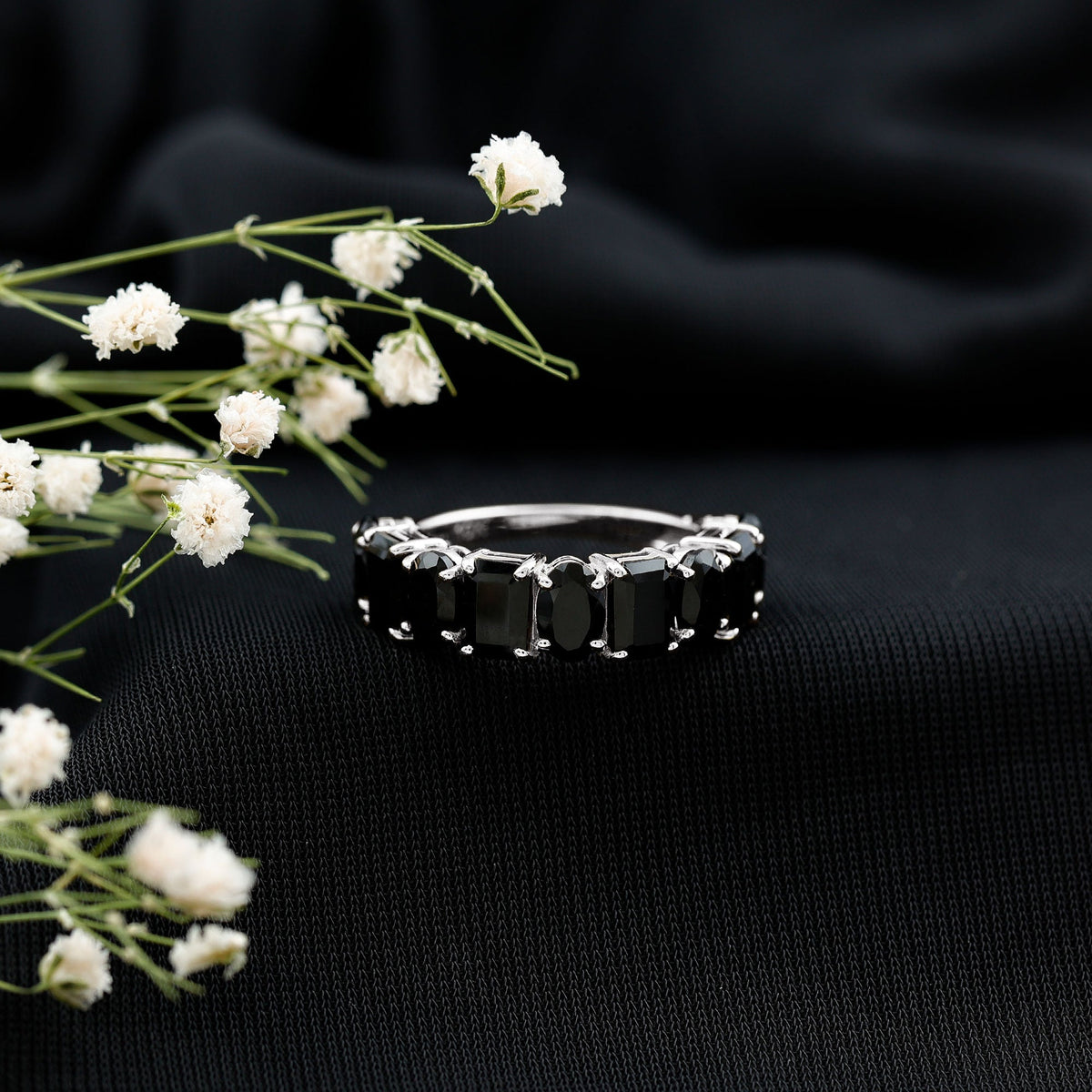 4.40 Carat Oval and Emerald Cut Black Onyx Half Eternity Wedding Band