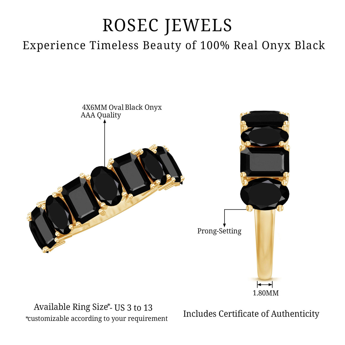 4.40 Carat Oval and Emerald Cut Black Onyx Half Eternity Wedding Band