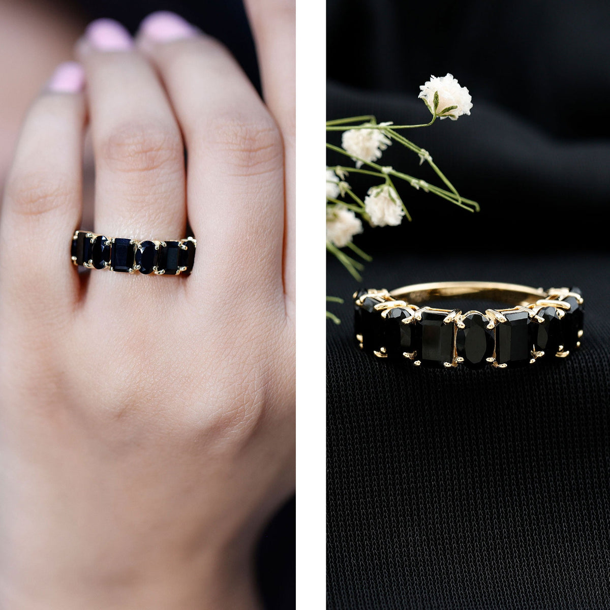 4.40 Carat Oval and Emerald Cut Black Onyx Half Eternity Wedding Band