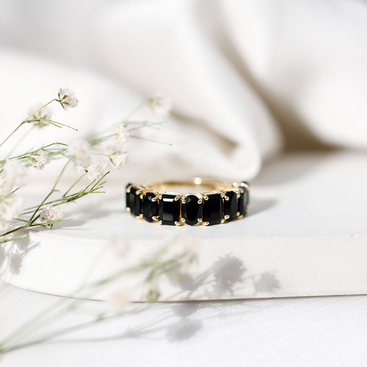 4.40 Carat Oval and Emerald Cut Black Onyx Half Eternity Wedding Band