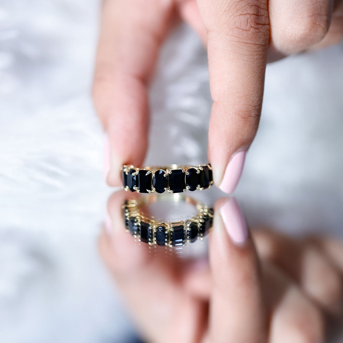 4.40 Carat Oval and Emerald Cut Black Onyx Half Eternity Wedding Band