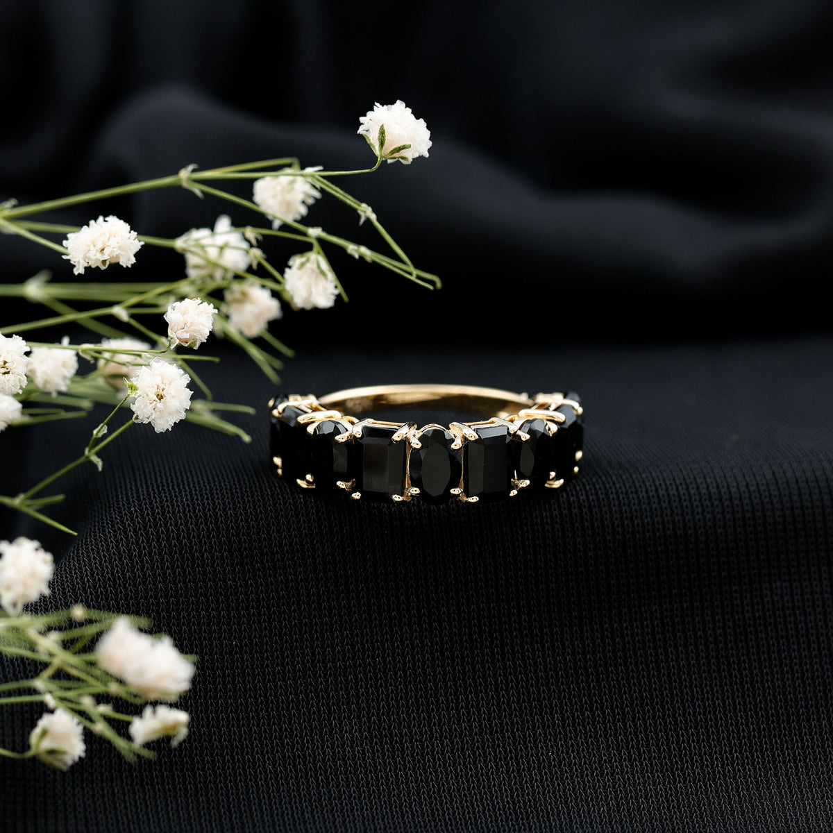 4.40 Carat Oval and Emerald Cut Black Onyx Half Eternity Wedding Band