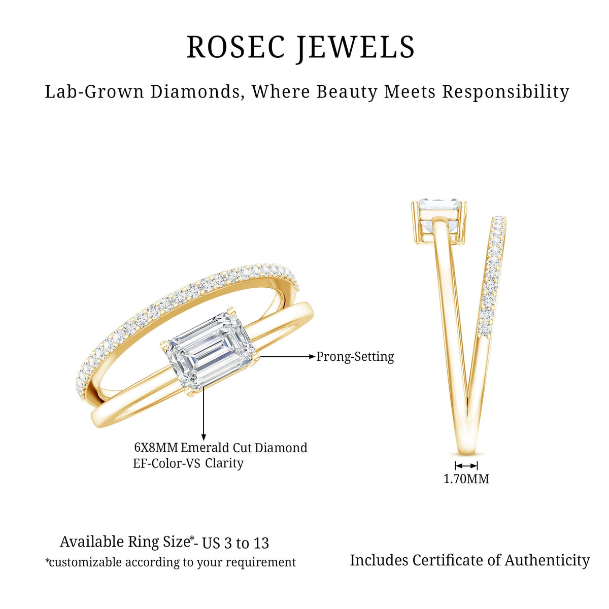 1.8 Carat Emerald Cut Lab Grown Diamond Double Band Engagement Ring