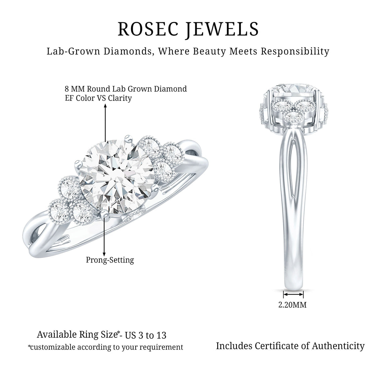2 Carat Solitaire Lab Diamond Engagement Ring With Diamond Trio