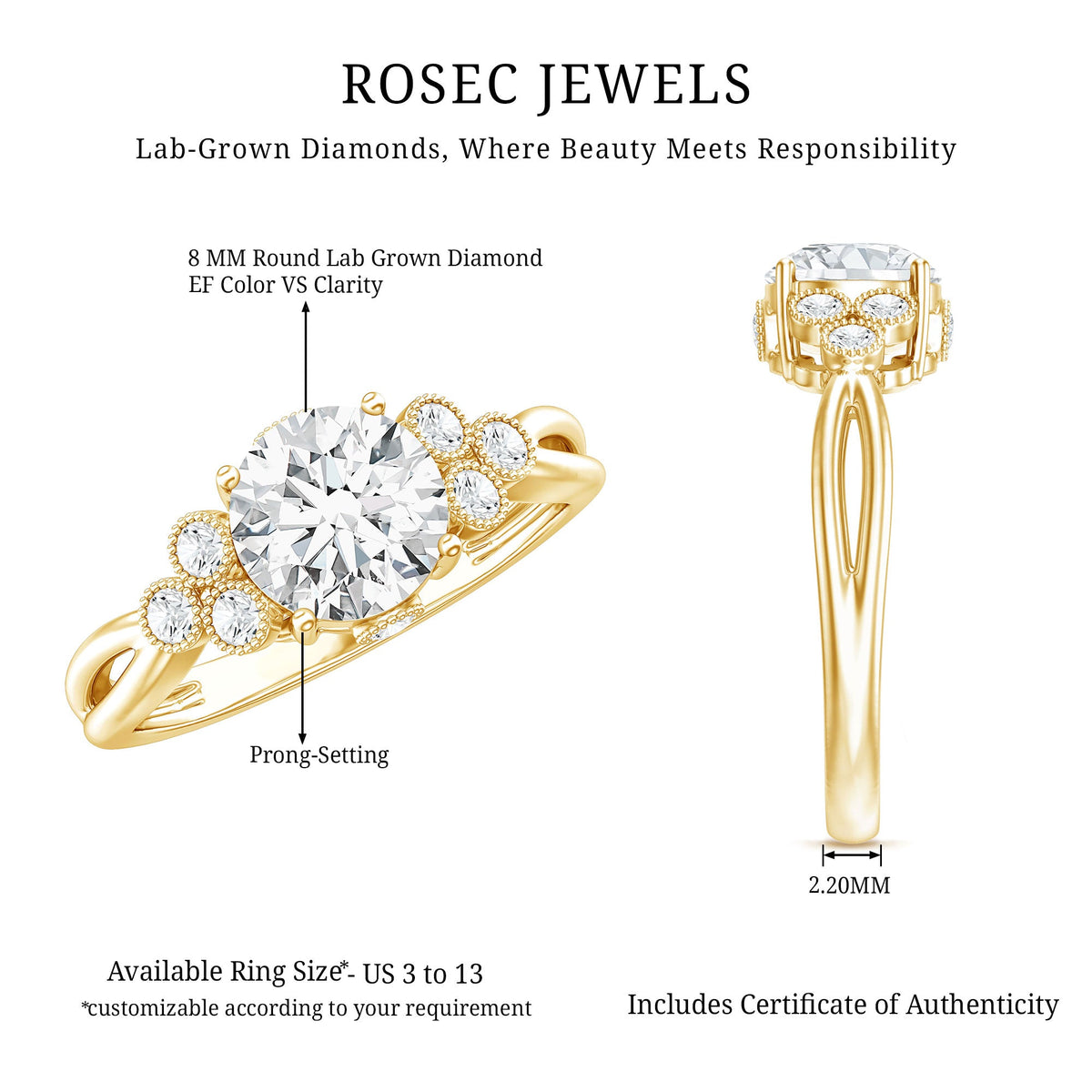 2 Carat Solitaire Lab Diamond Engagement Ring With Diamond Trio