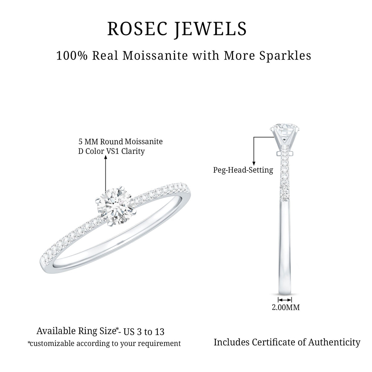 Certified 0.5 Carat Round Moissanite Solitaire Promise Ring