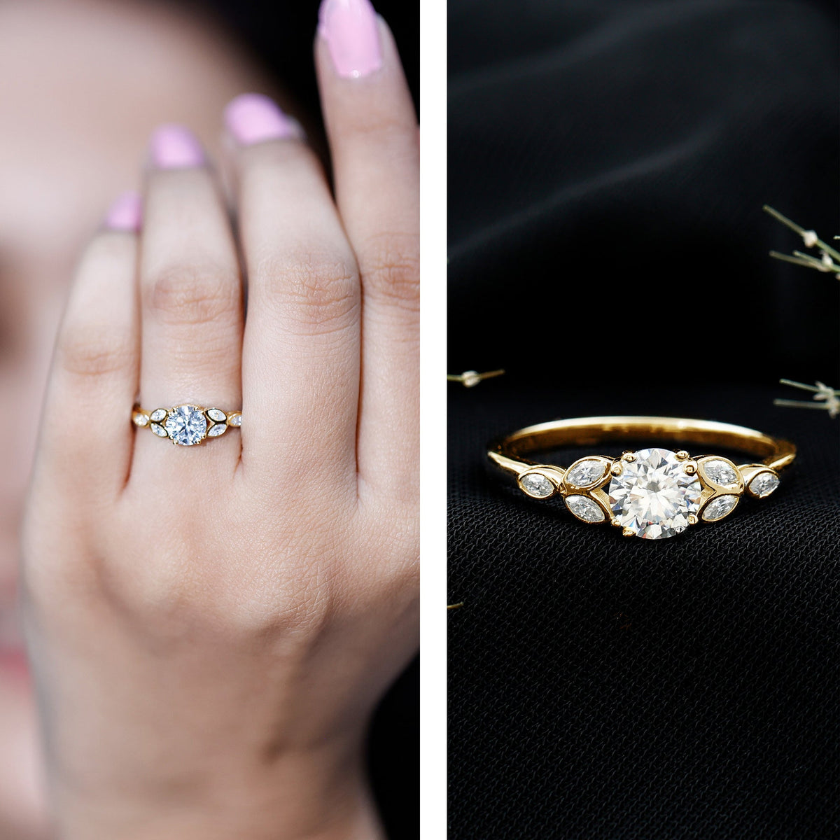 Certified Moissanite Solitaire Engagement Ring with Trio