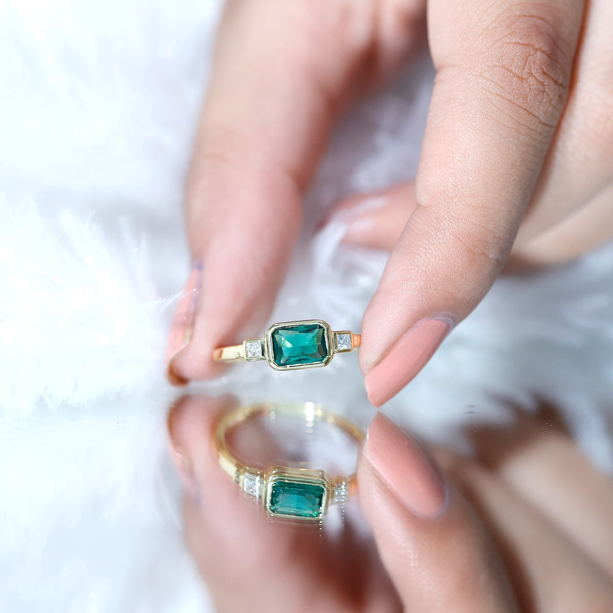 1 Carat Lab Grown Emerald 3 Stone Engagement Ring with Diamond in East West Style