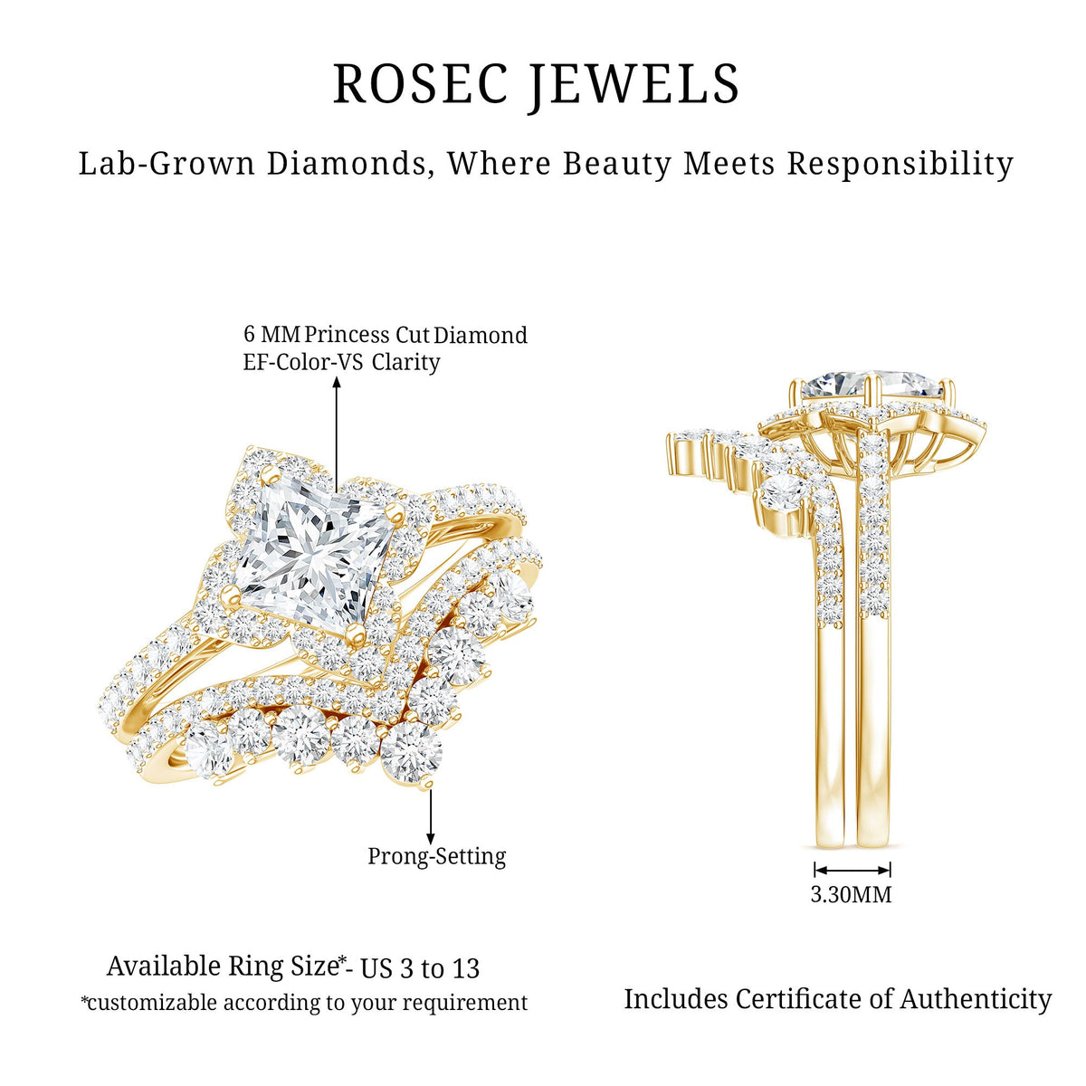1.25 Carat Princess Cut Lab Grown Diamond Designer Bridal Ring Set