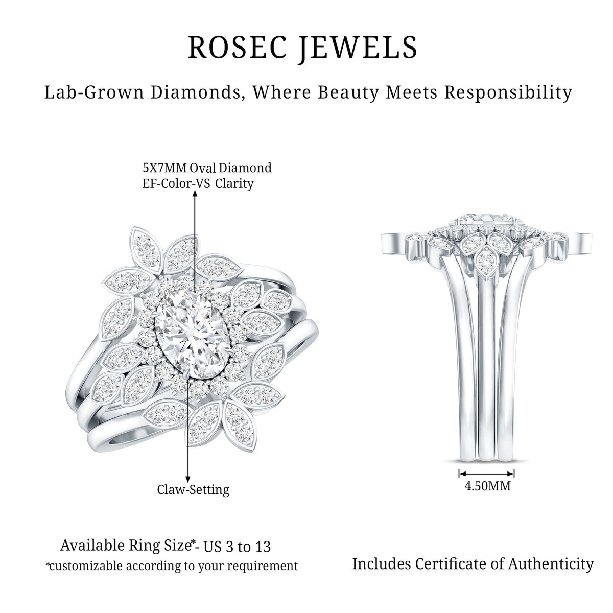 0.7 Carat Lab Grown Diamond Vintage Engagement Ring with 2 Wedding Bands