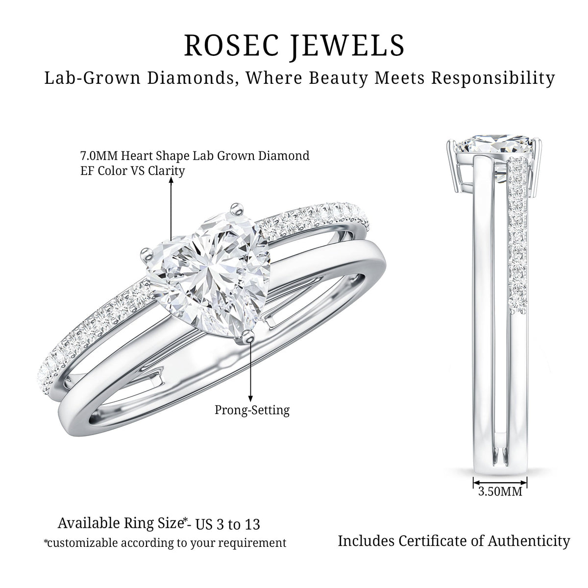 1.2 Carat Heart Shape Lab Grown Diamond Double Band Solitaire Ring