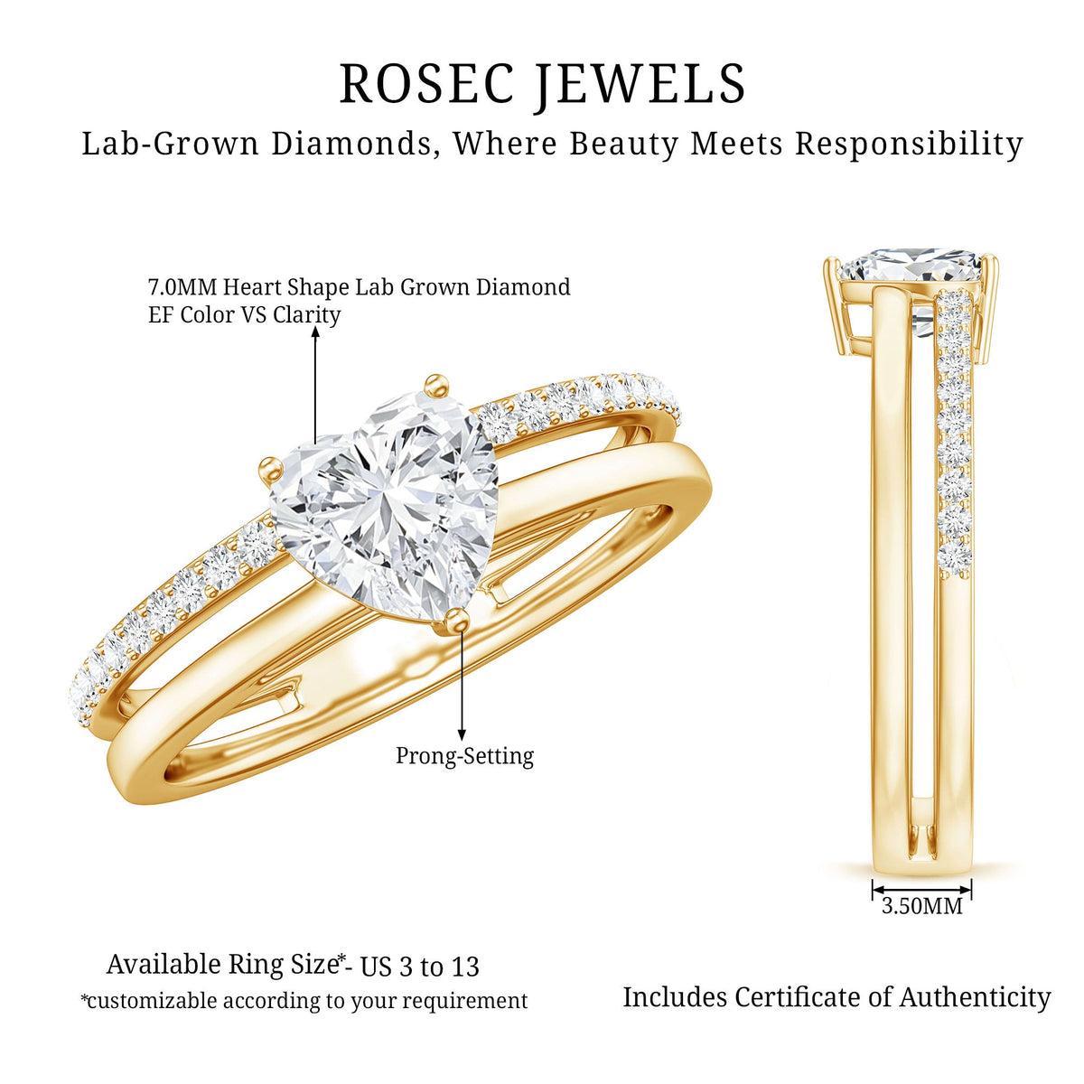 1.2 Carat Heart Shape Lab Grown Diamond Double Band Solitaire Ring