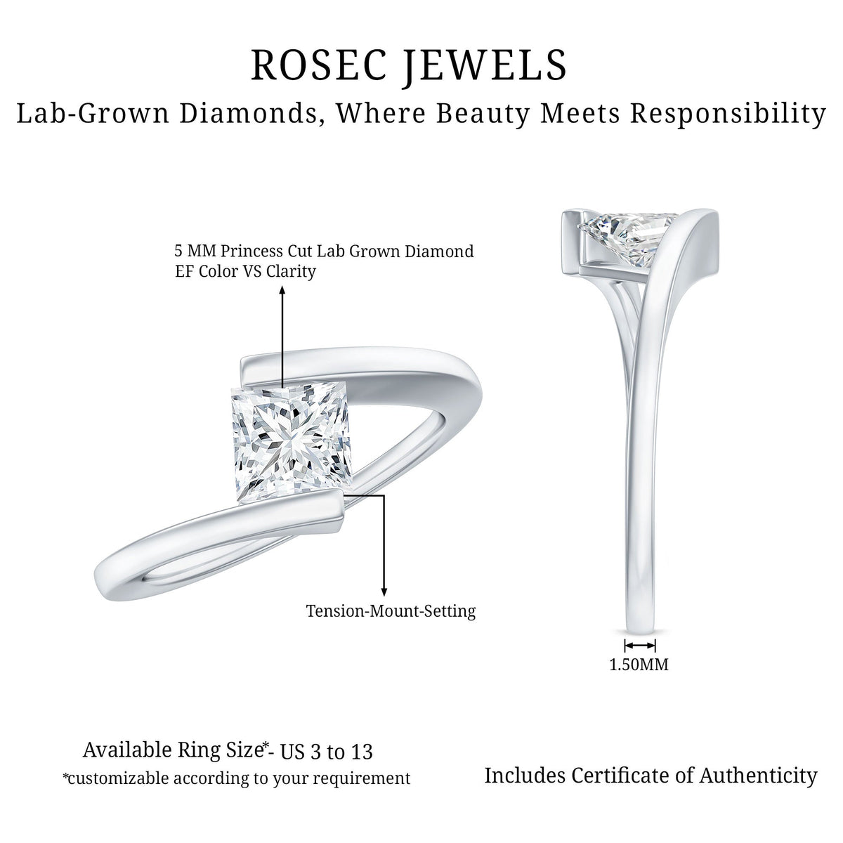 0.8 Carat Princess Cut Lab Grown Diamond Ring With Tension Setting