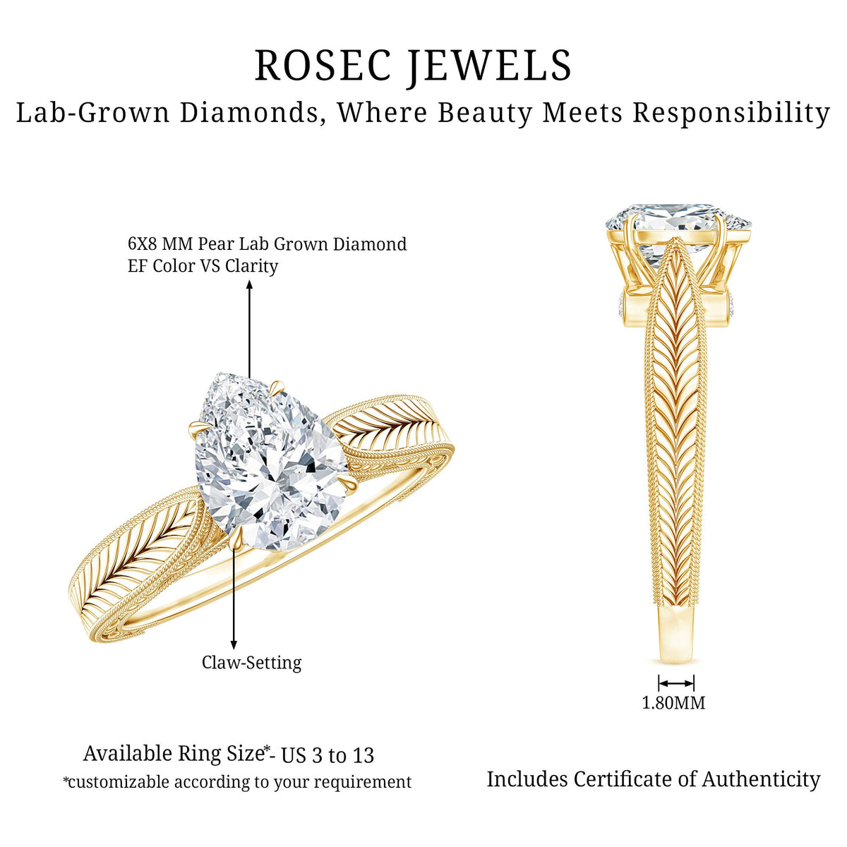 1.3 Carat Pear Lab Created Diamond Filigree Engagement Ring