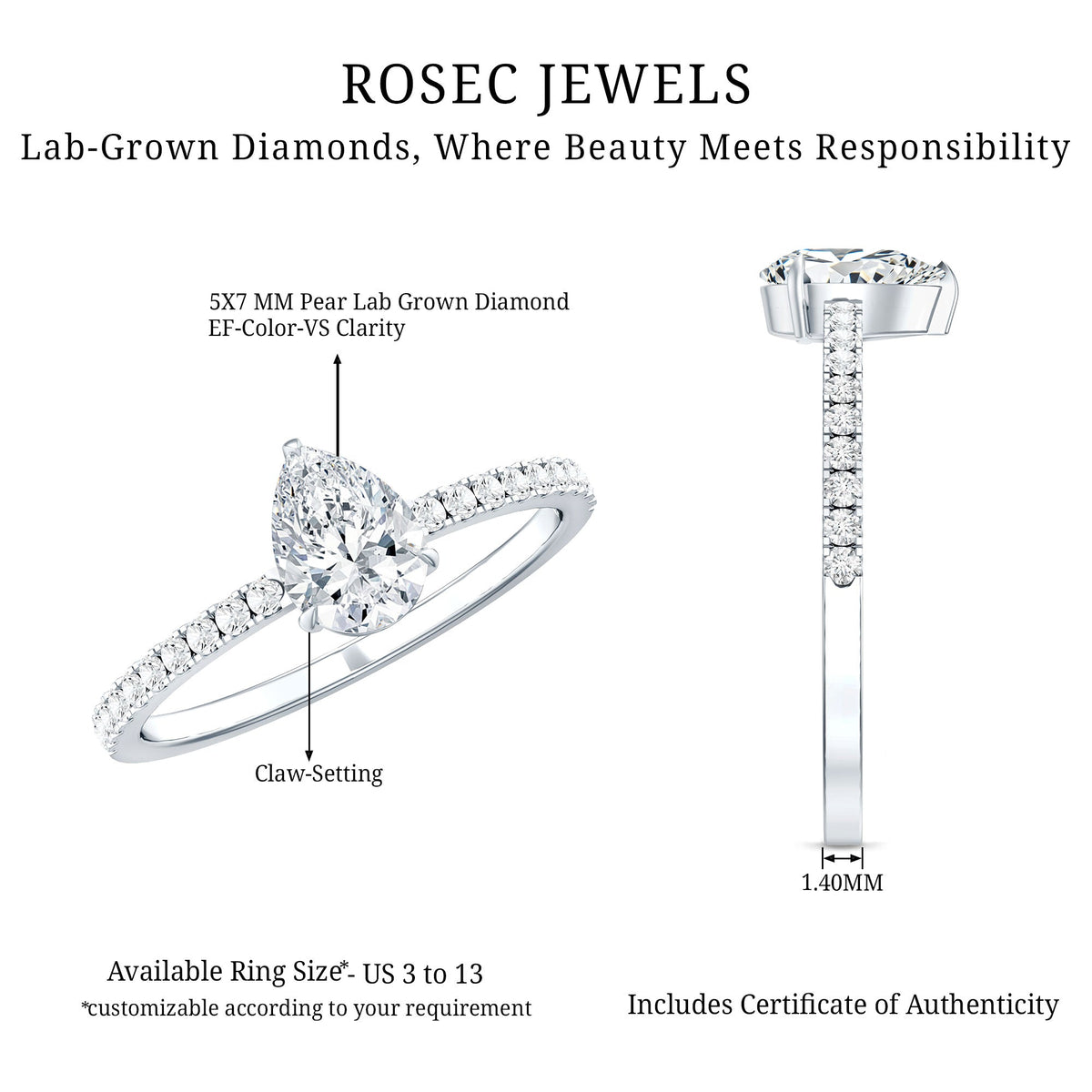 0.6 Carat Pear Cut Lab Grown Diamond Engagement Ring