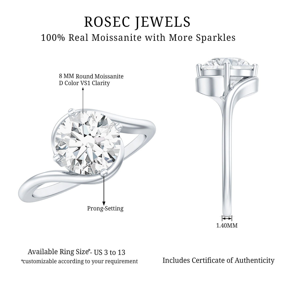 2 Carat Round Moissanite Solitaire Engagement Ring with Bypass Shank