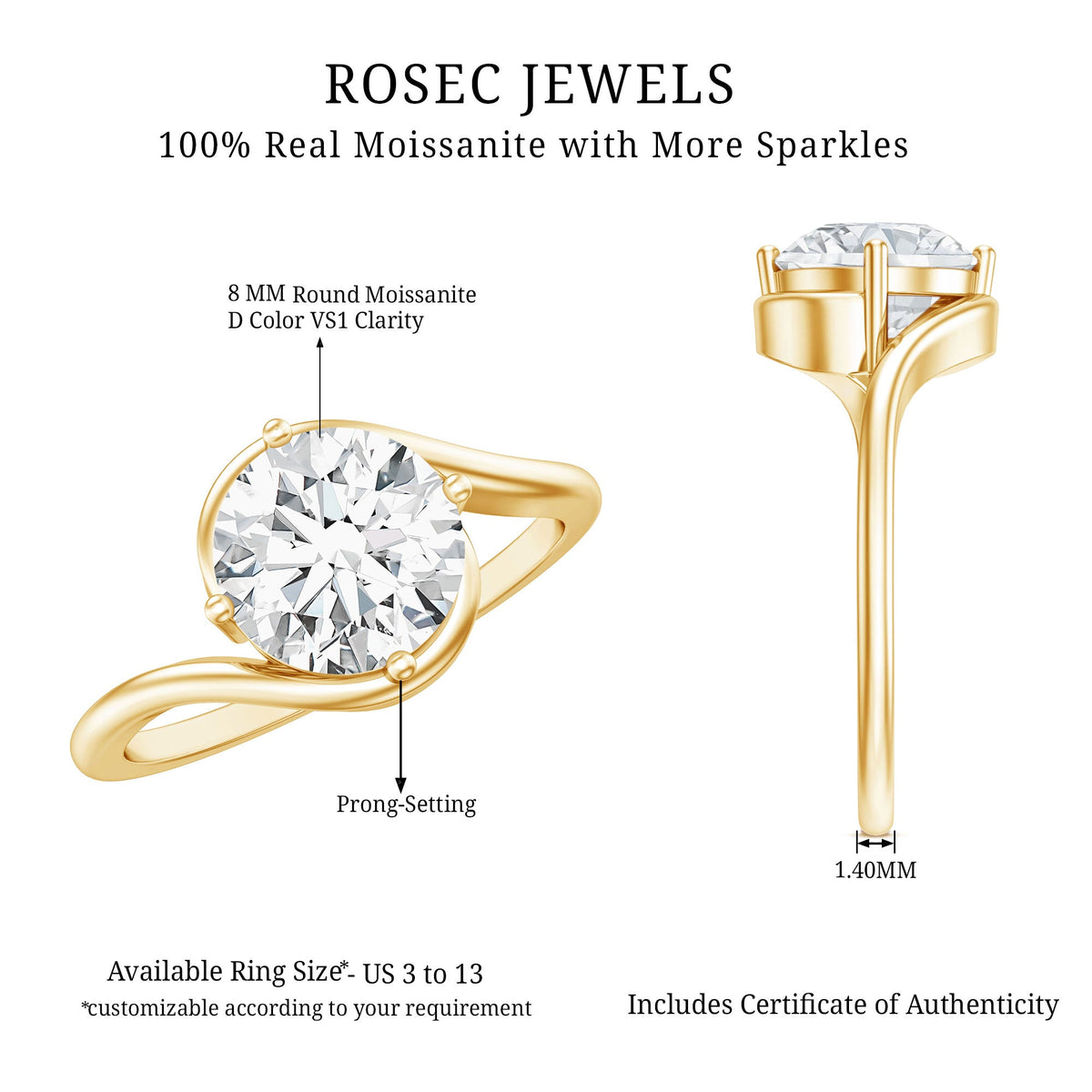 2 Carat Round Moissanite Solitaire Engagement Ring with Bypass Shank