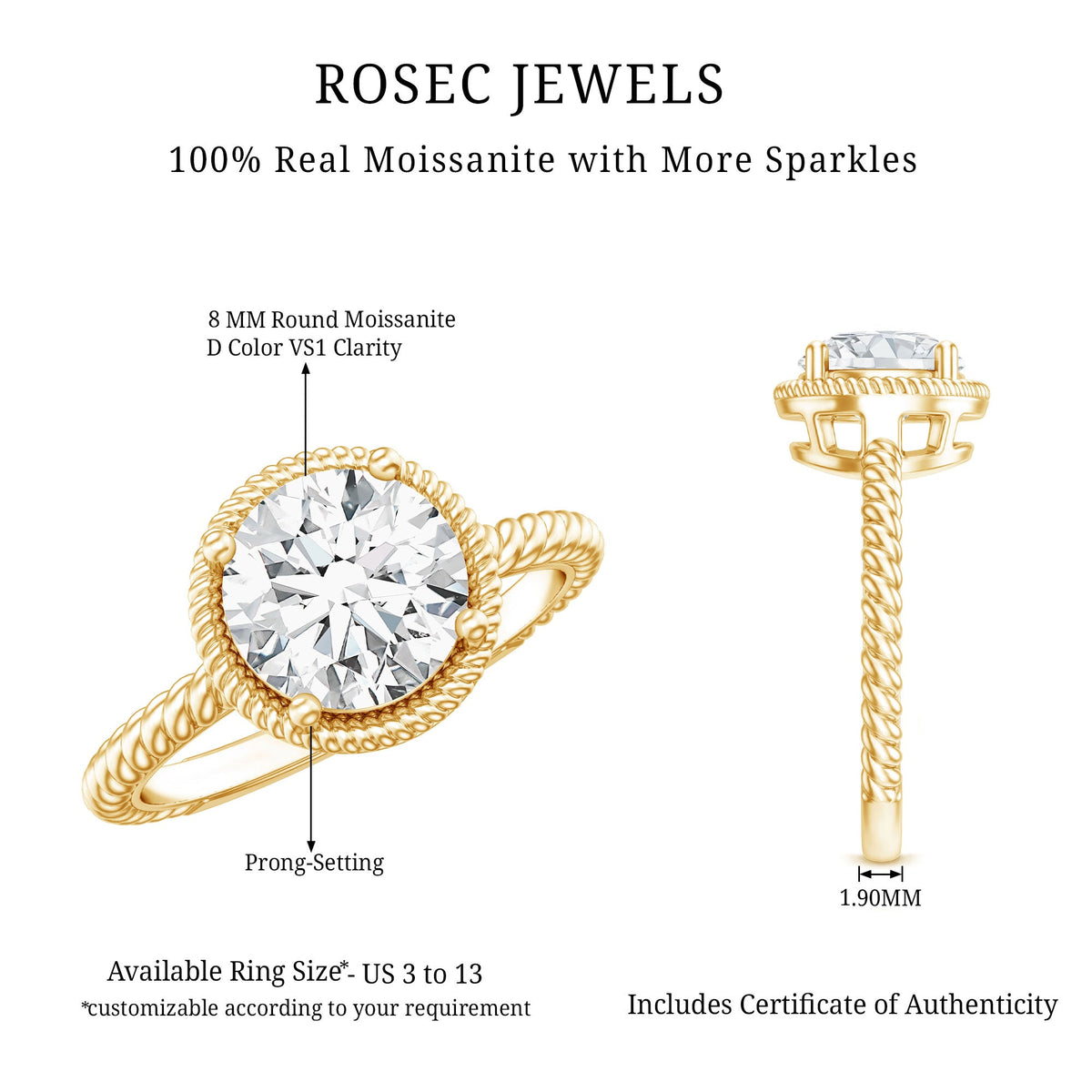 Brilliant Cut 2 Carat Moissanite Rope Band Engagement Ring