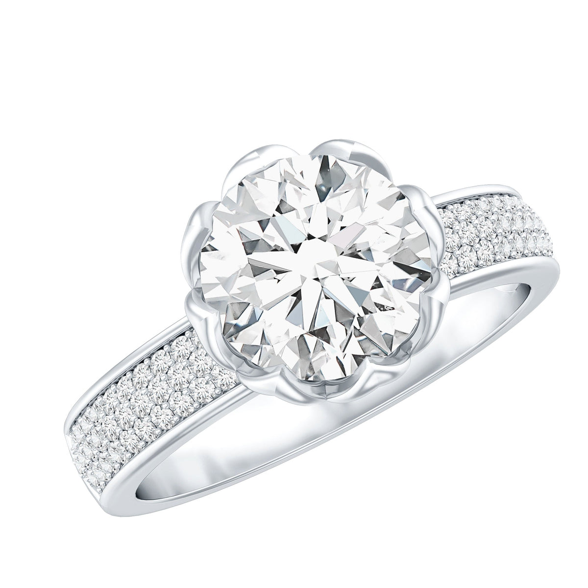 Lotus Setting Moissanite Engagement Ring with Side Stones