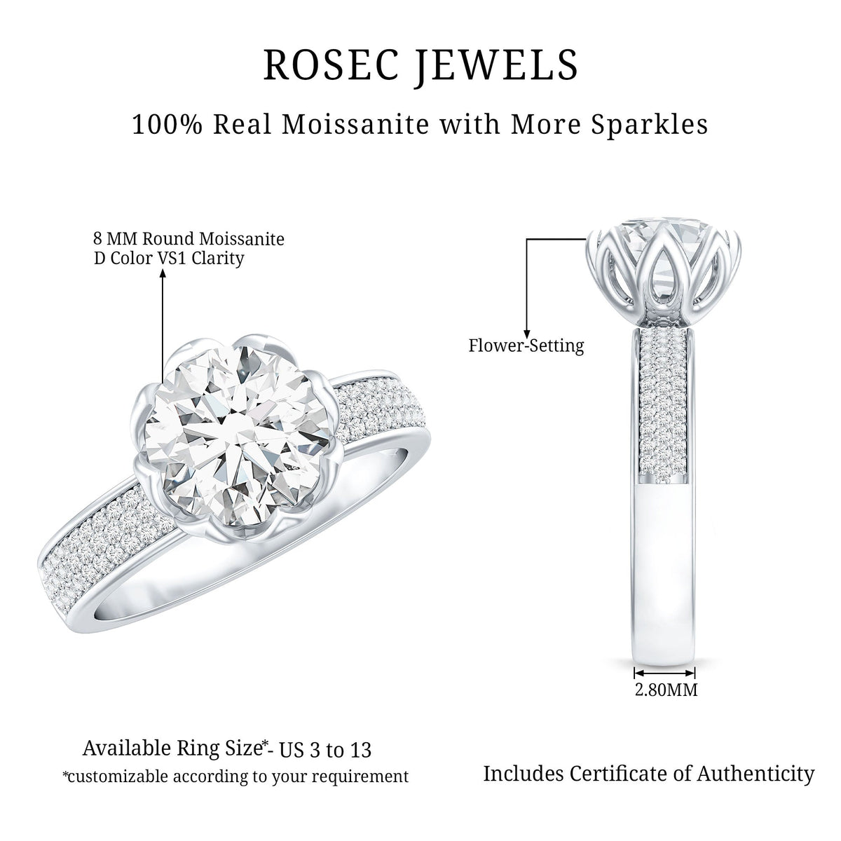 Lotus Setting Moissanite Engagement Ring with Side Stones