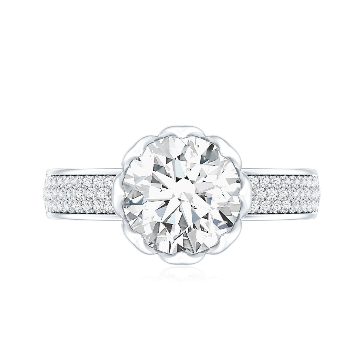 Lotus Setting Moissanite Engagement Ring with Side Stones