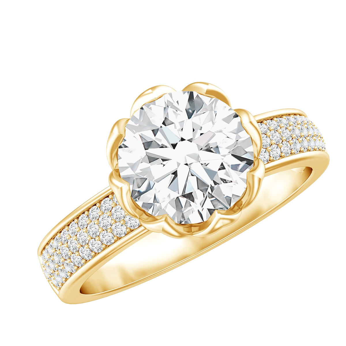 Lotus Setting Moissanite Engagement Ring with Side Stones