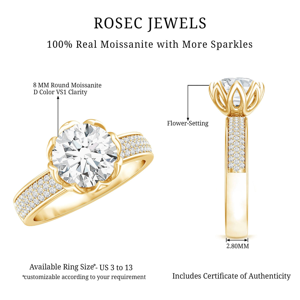 Lotus Setting Moissanite Engagement Ring with Side Stones