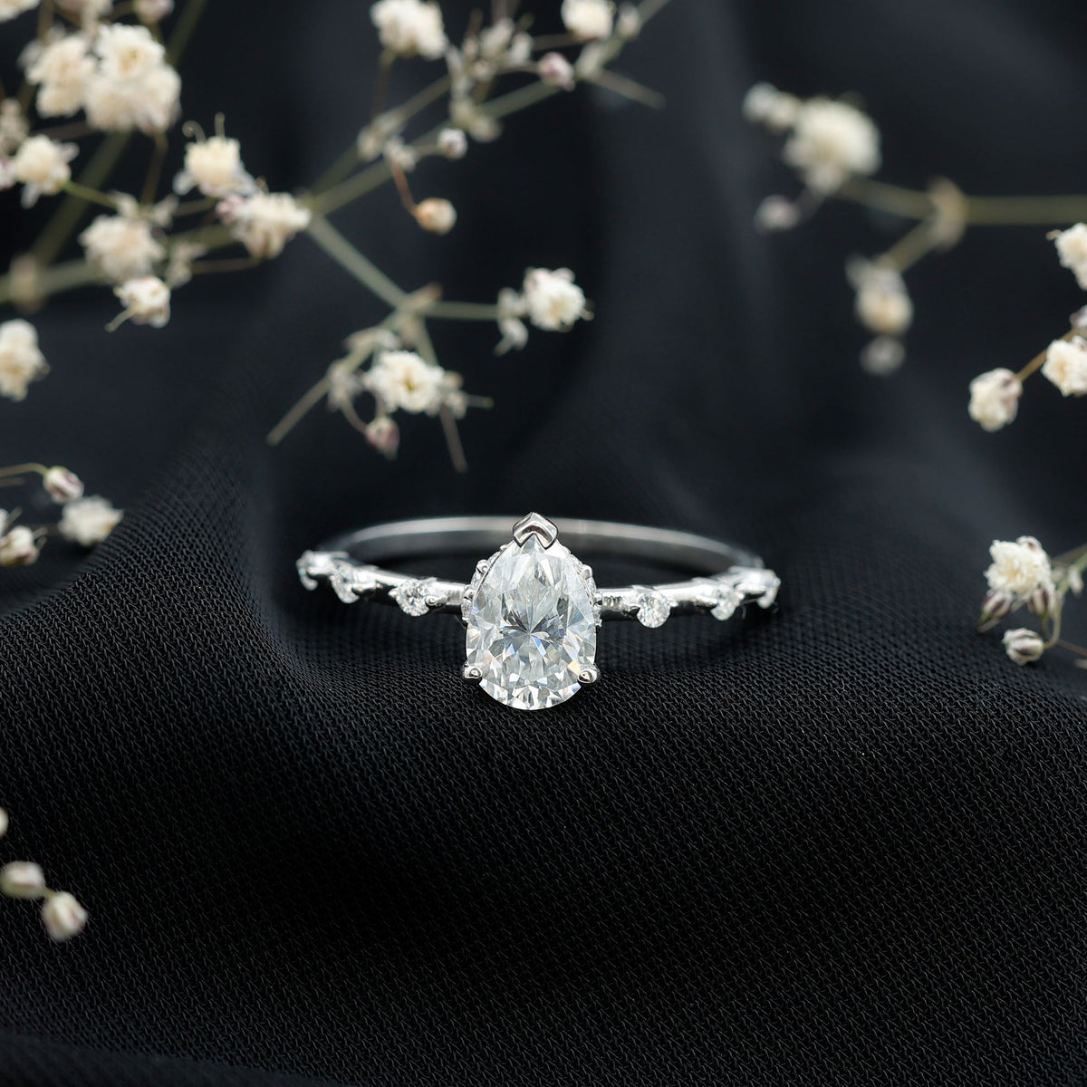 Brilliant Cut Moissanite Pear Shape Engagement Ring with Hidden Halo