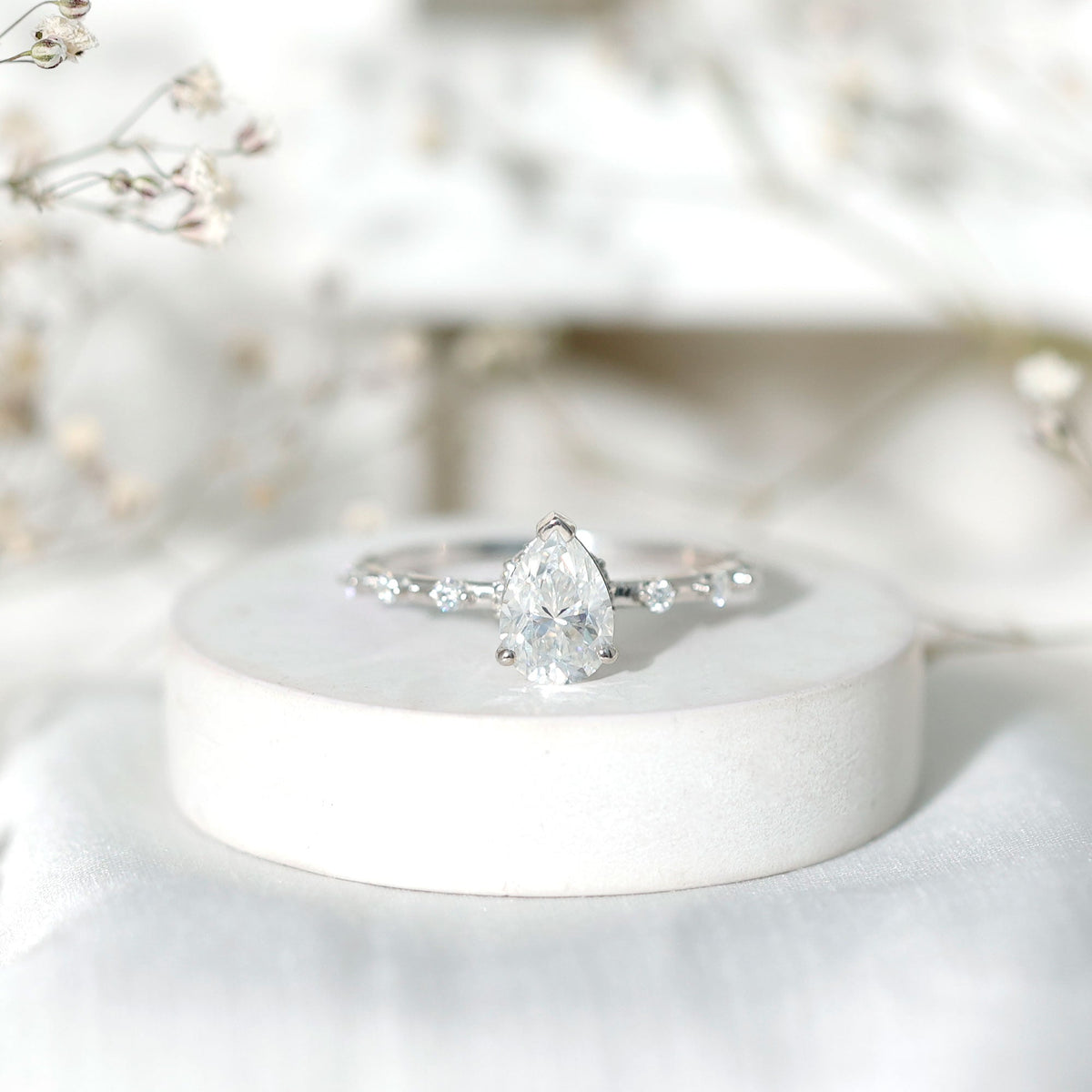 Brilliant Cut Moissanite Pear Shape Engagement Ring with Hidden Halo