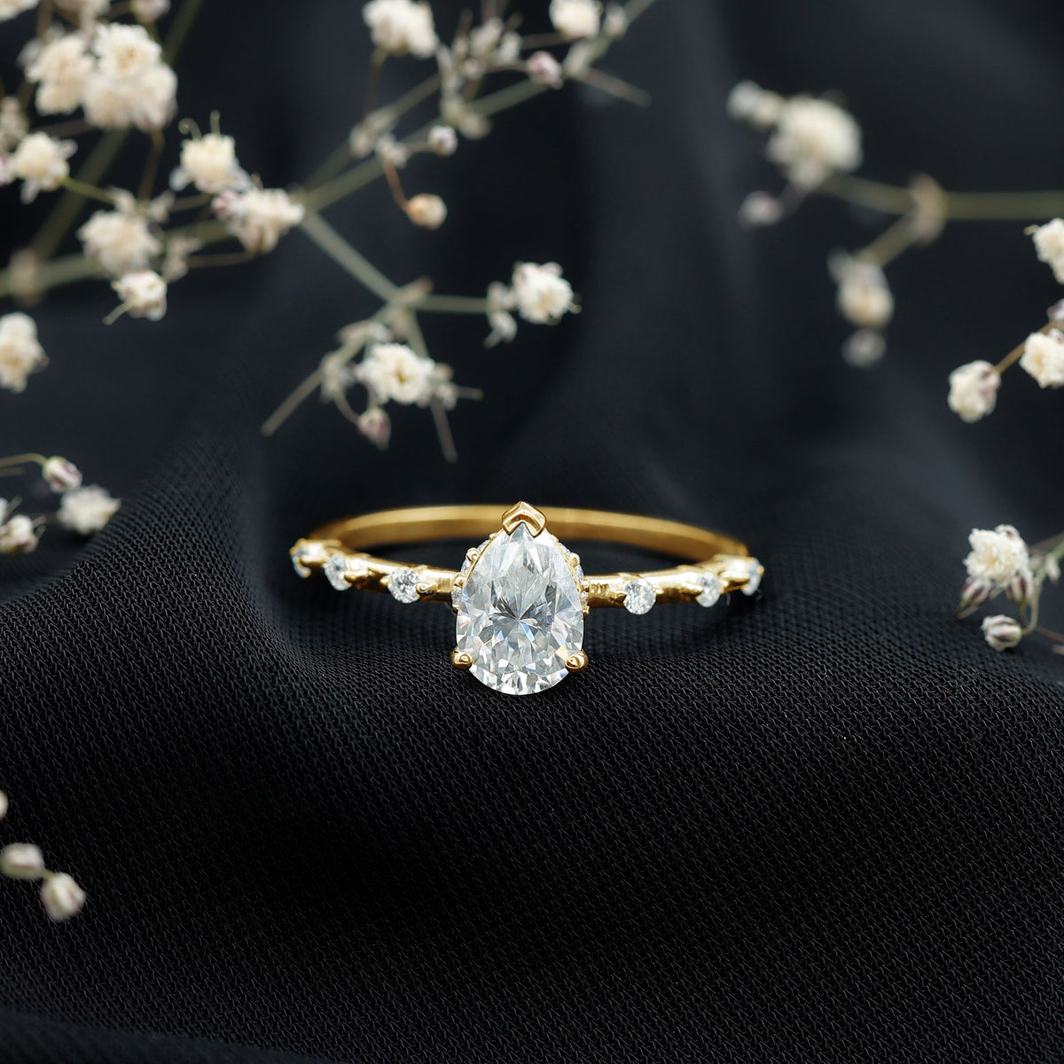 Brilliant Cut Moissanite Pear Shape Engagement Ring with Hidden Halo