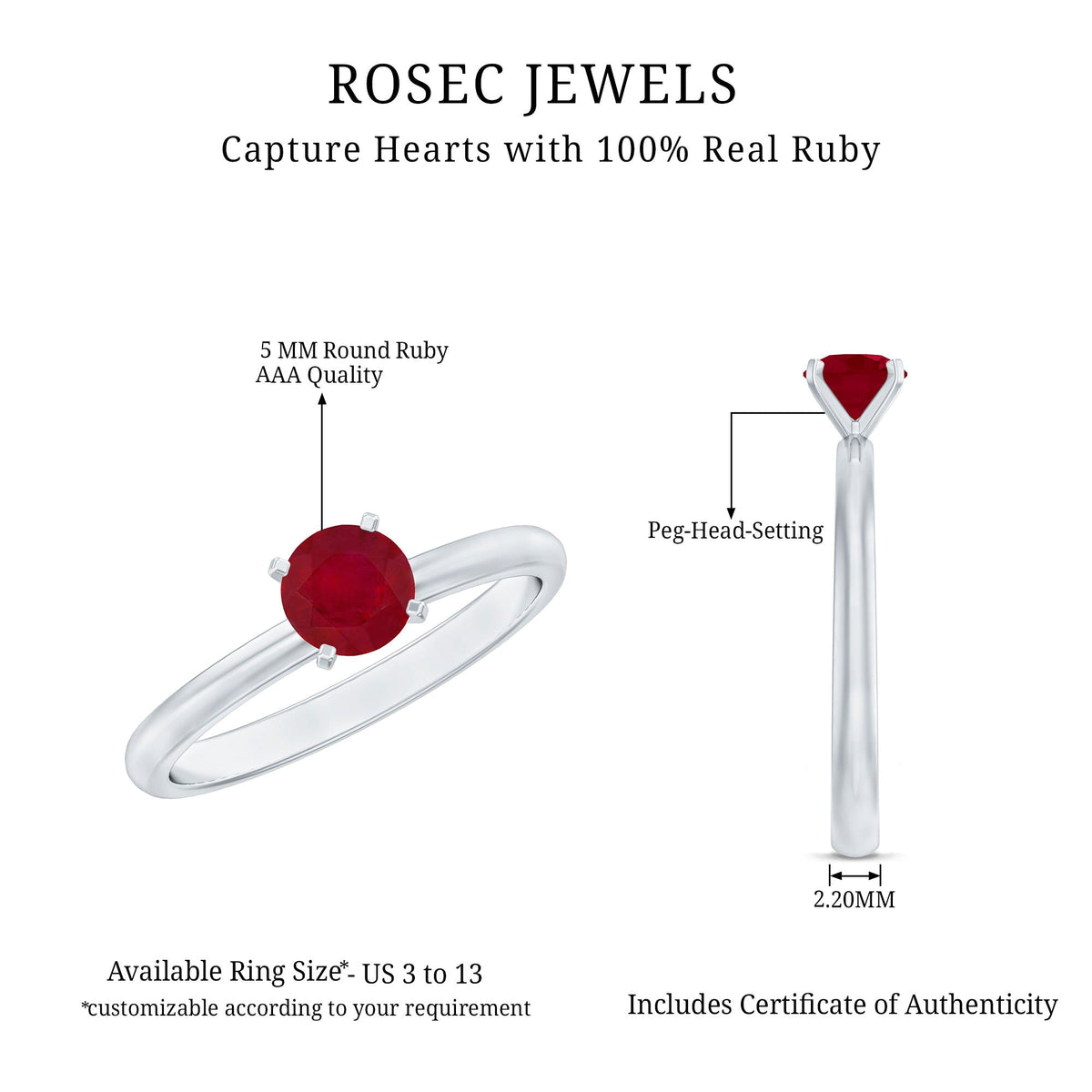 0.6 Carat July Birthstone Ruby Solitaire Ring in Peg Head Setting