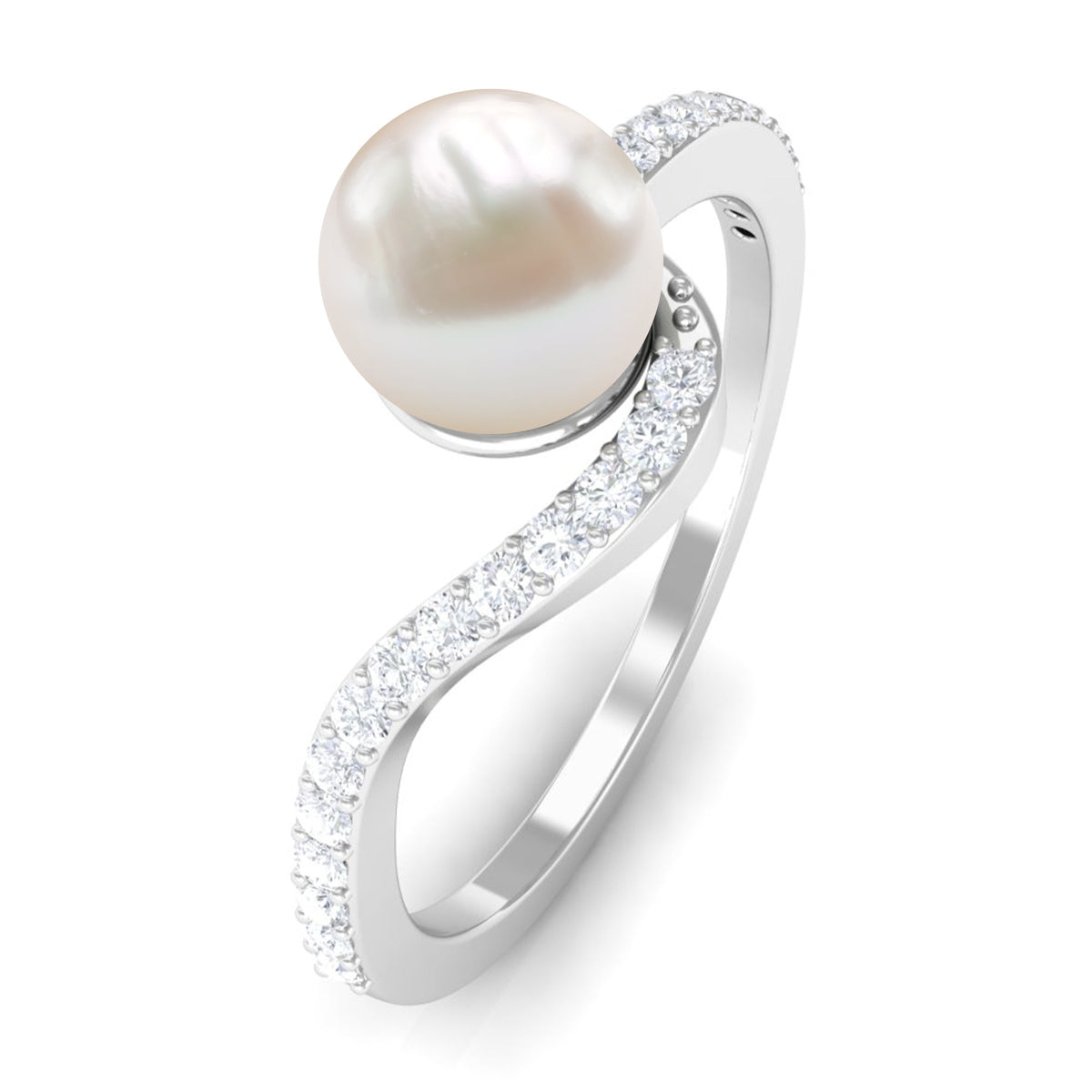 Cultured 2 Carat White Pearl Engagement Ring with Diamond Bypass Shank