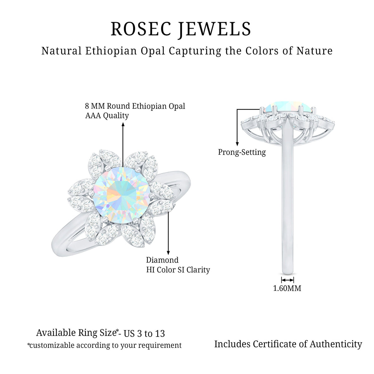 2 Carat Round Shape Ethiopian Opal Floral Engagement Ring with Diamond