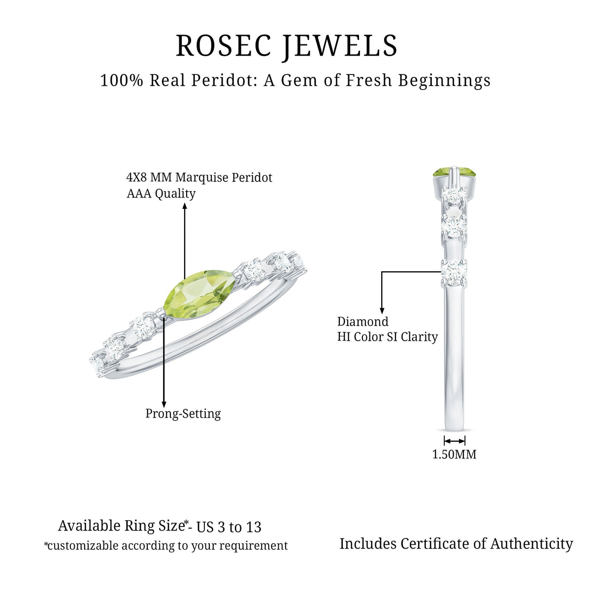0.75 Carat Peridot East West Ring with Diamond Accent
