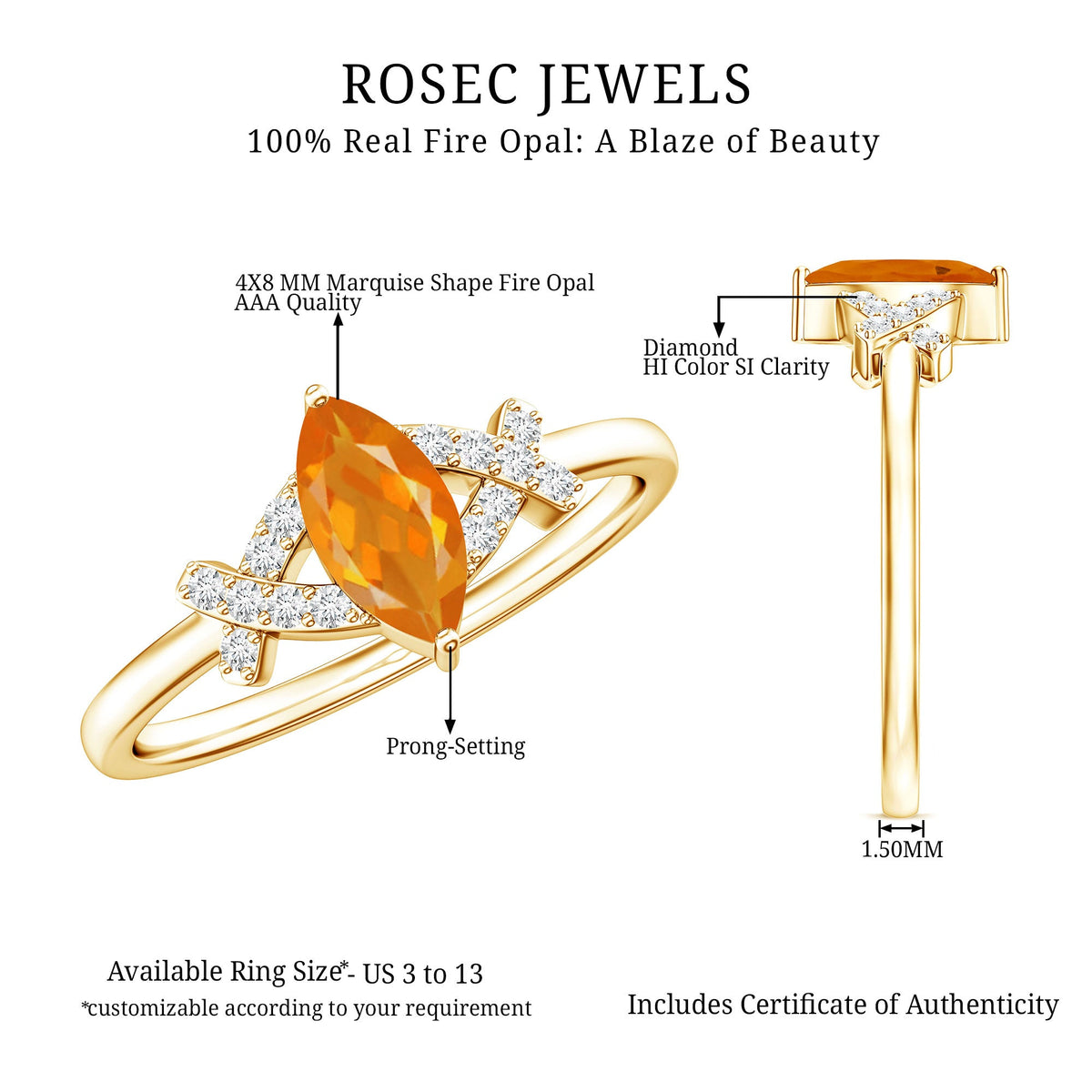 0.3 Carat Fire Opal Marquise Solitaire Ring with Diamond