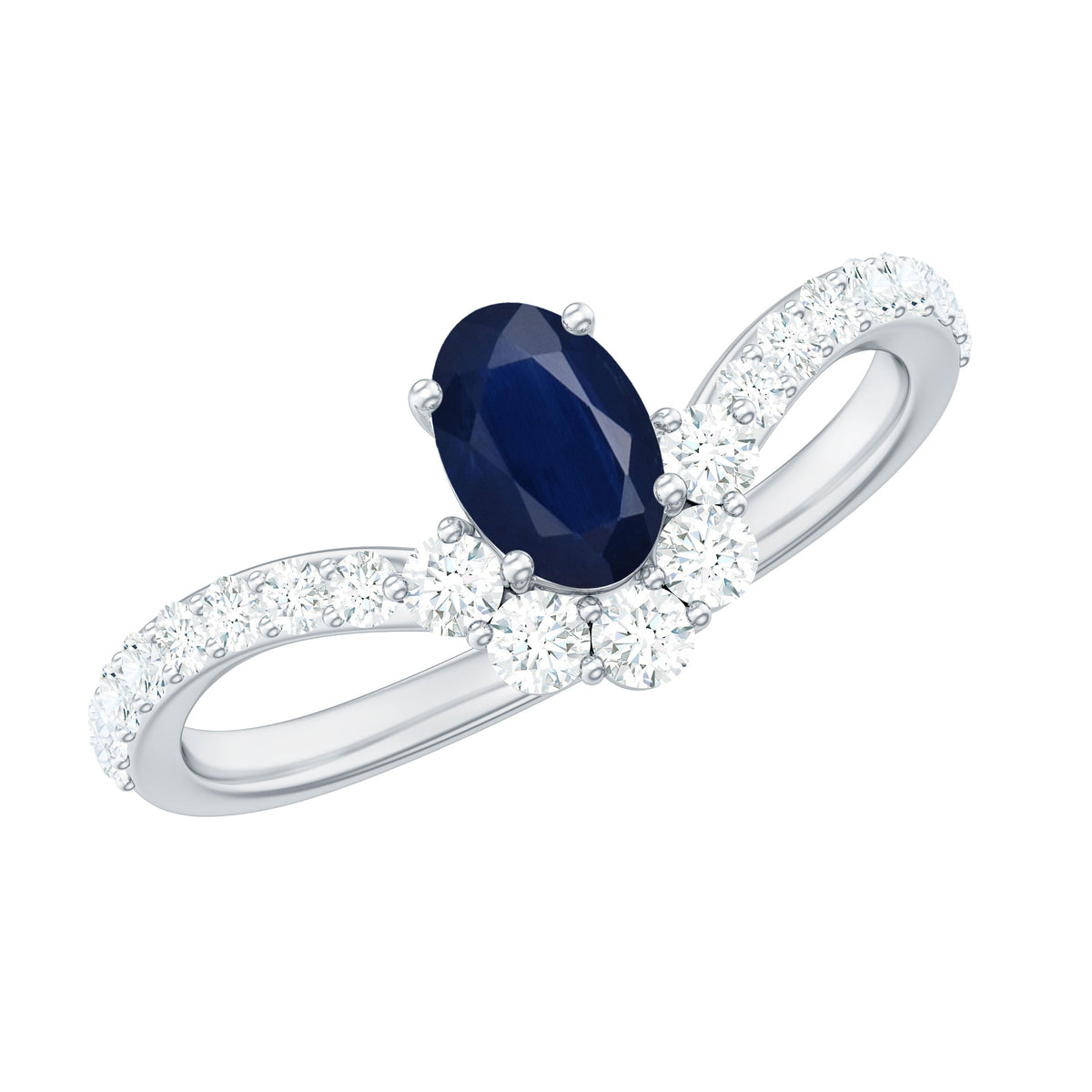 0.6 Carat Oval Cut Blue Sapphire and Diamond Chevron Ring