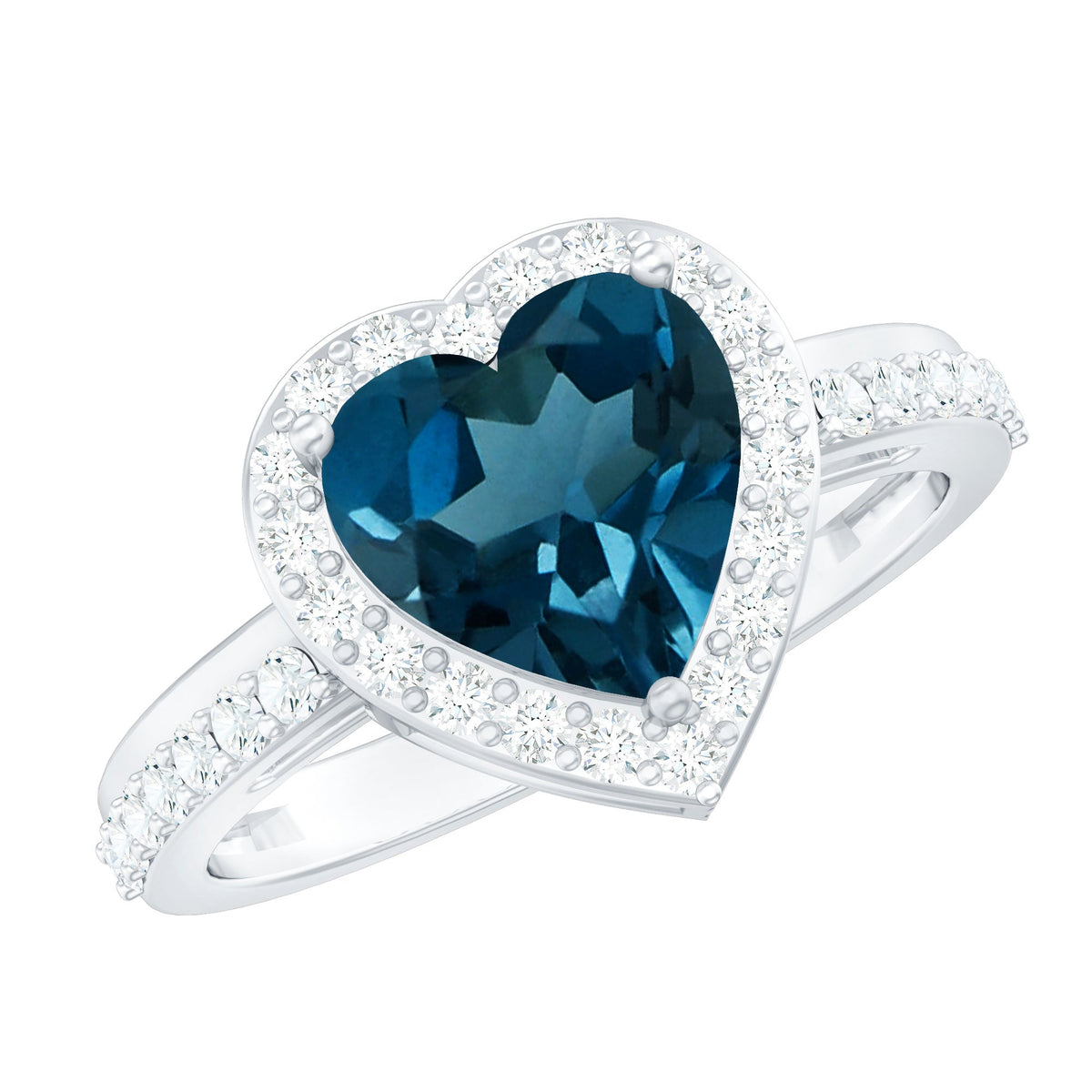 2 Carat London Blue Topaz Heart Promise Ring with Diamond Halo