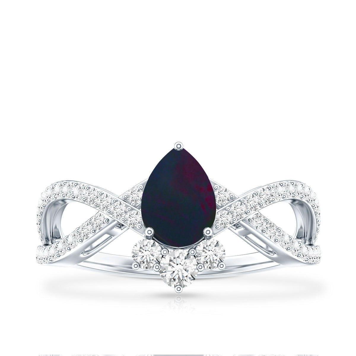 Designer Black Opal Teardrop Crossover Ring with Diamond