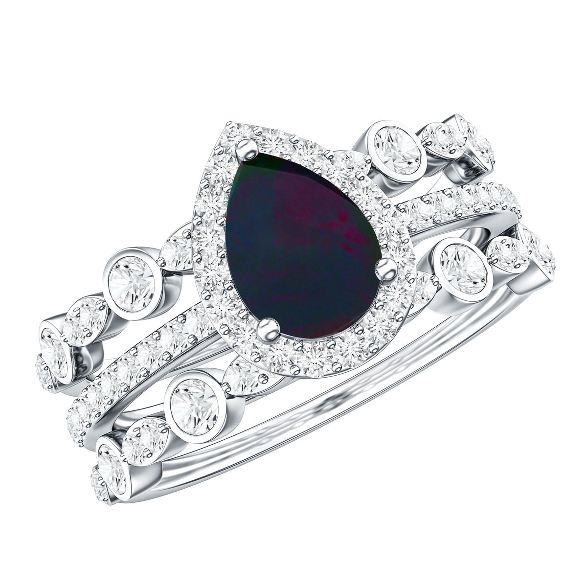 0.7 Carat Pear Cut Black Opal Trio Wedding Ring Set with Moissanite