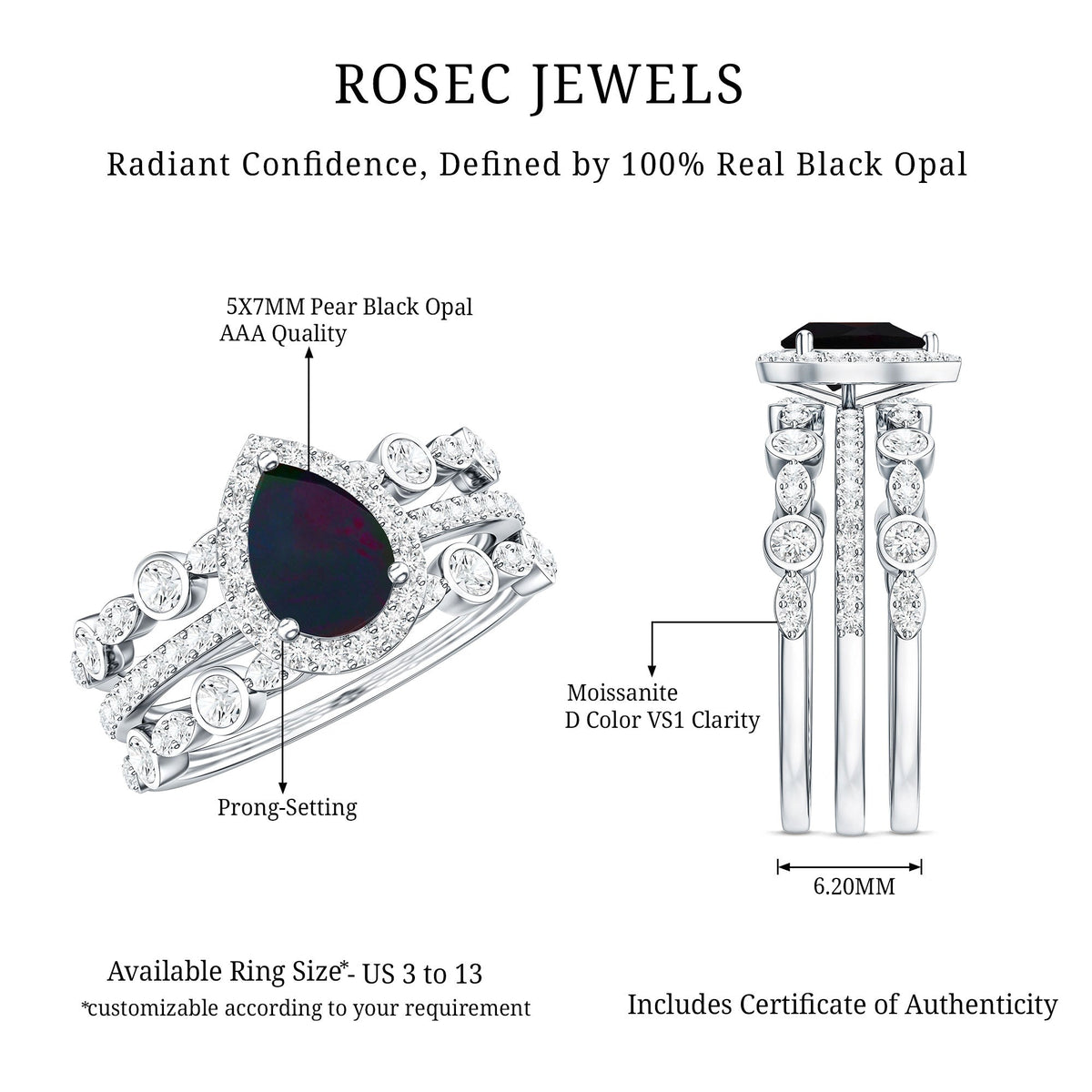 0.7 Carat Pear Cut Black Opal Trio Wedding Ring Set with Moissanite