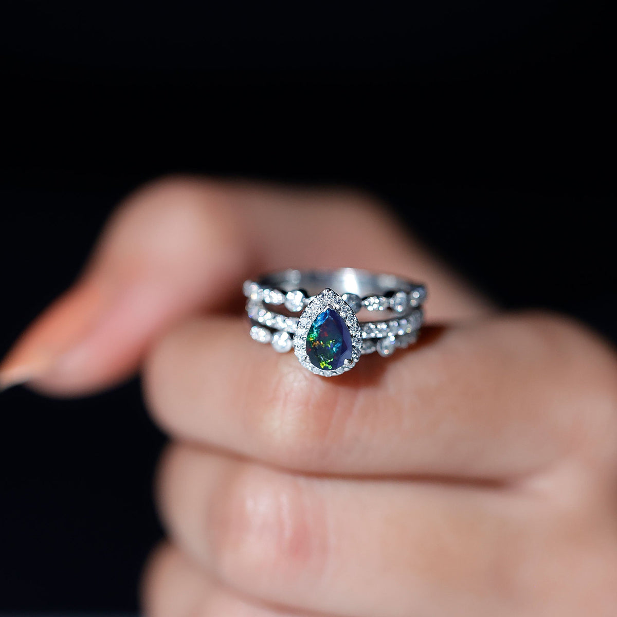 0.7 Carat Pear Cut Black Opal Trio Wedding Ring Set with Moissanite